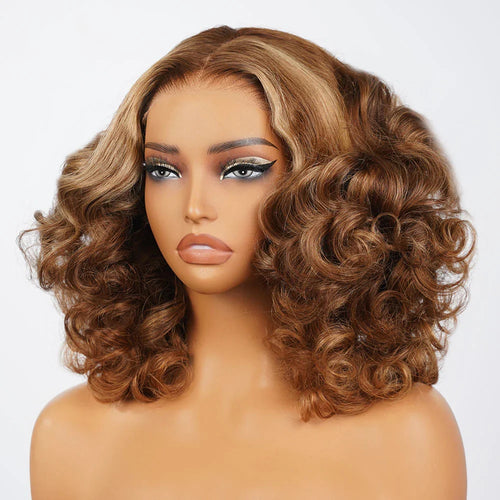 6x5 Glueless Honey Blonde Highlights Bouncy Curl Wig