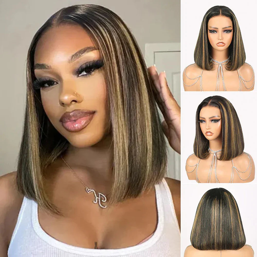 13x4 Lace Frontal Invisible Knots Glueless Balayage Straight Bob Wig