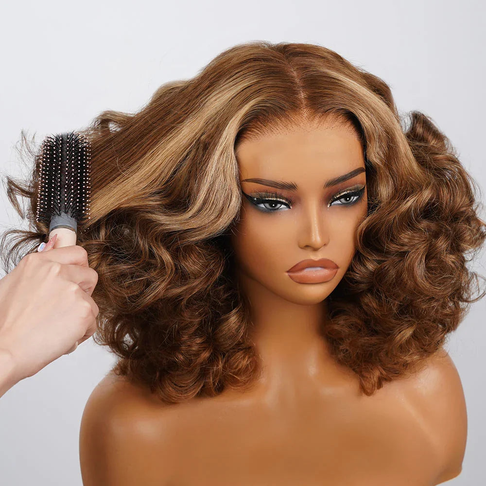 6x5 Glueless Honey Blonde Highlights Bouncy Curl Wig